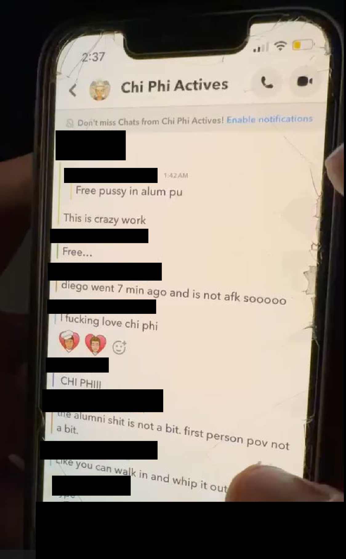 Privacy-redacted photograph of a phone displaying a Chi Phi group chat, reproduced on page 27 of the civil pleading.