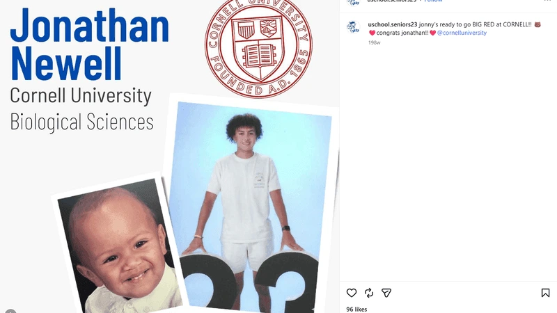 Jonathan Newell in a 2023 NSU University School senior announcement, reproduced by CBS12 on October 3, 2026. Historical image; allegations in the civil case remain unproven in court.