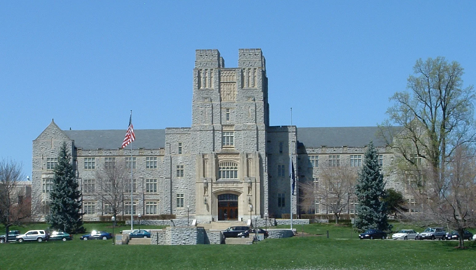 Burruss Hall at Virginia Tech, photographed from the Drillfield on April 9, 2005. Contextual campus view; not an incident photograph.